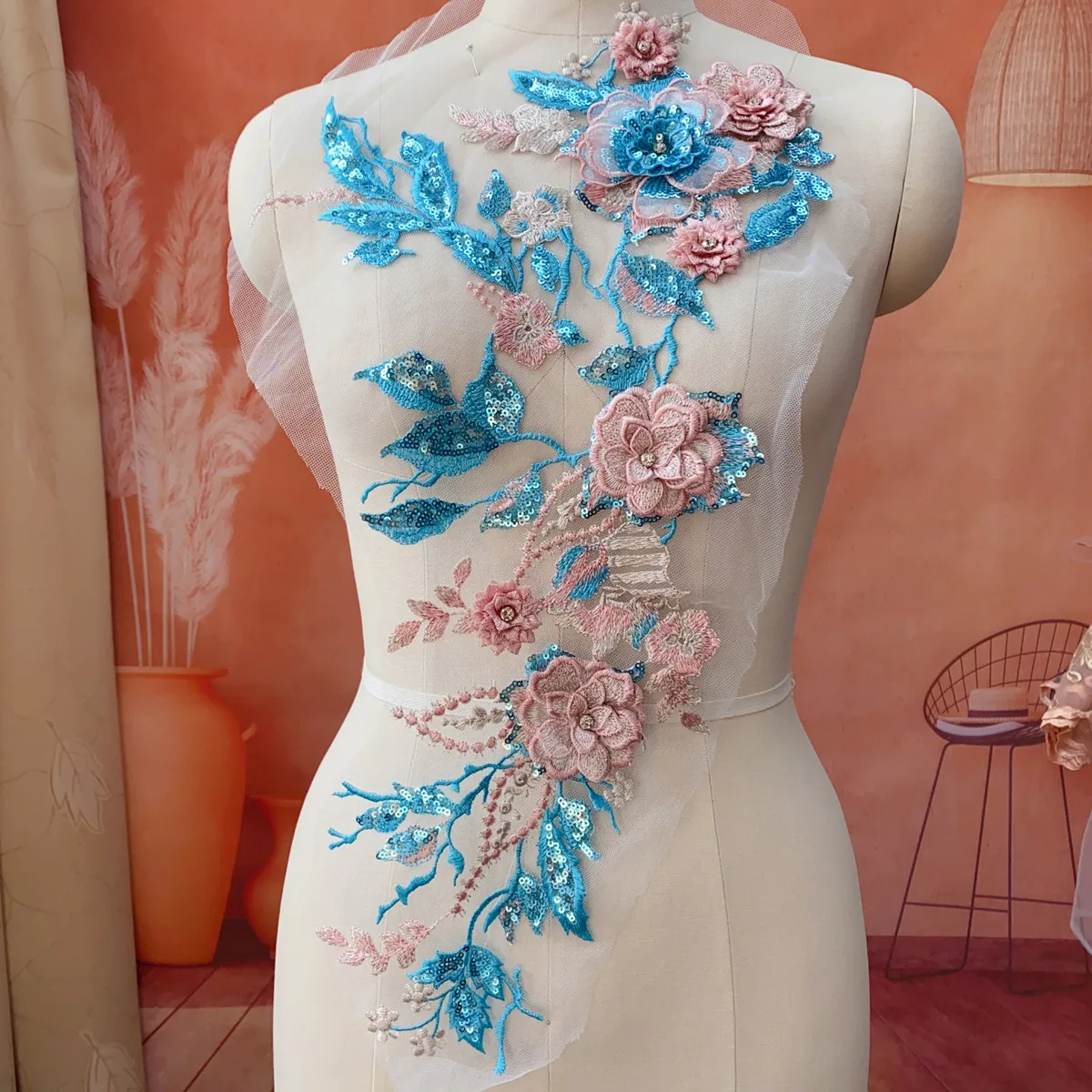 Colorful sequins silver thread embroidered lace applique accessories for DIY wedding dresses and other clothing decoration