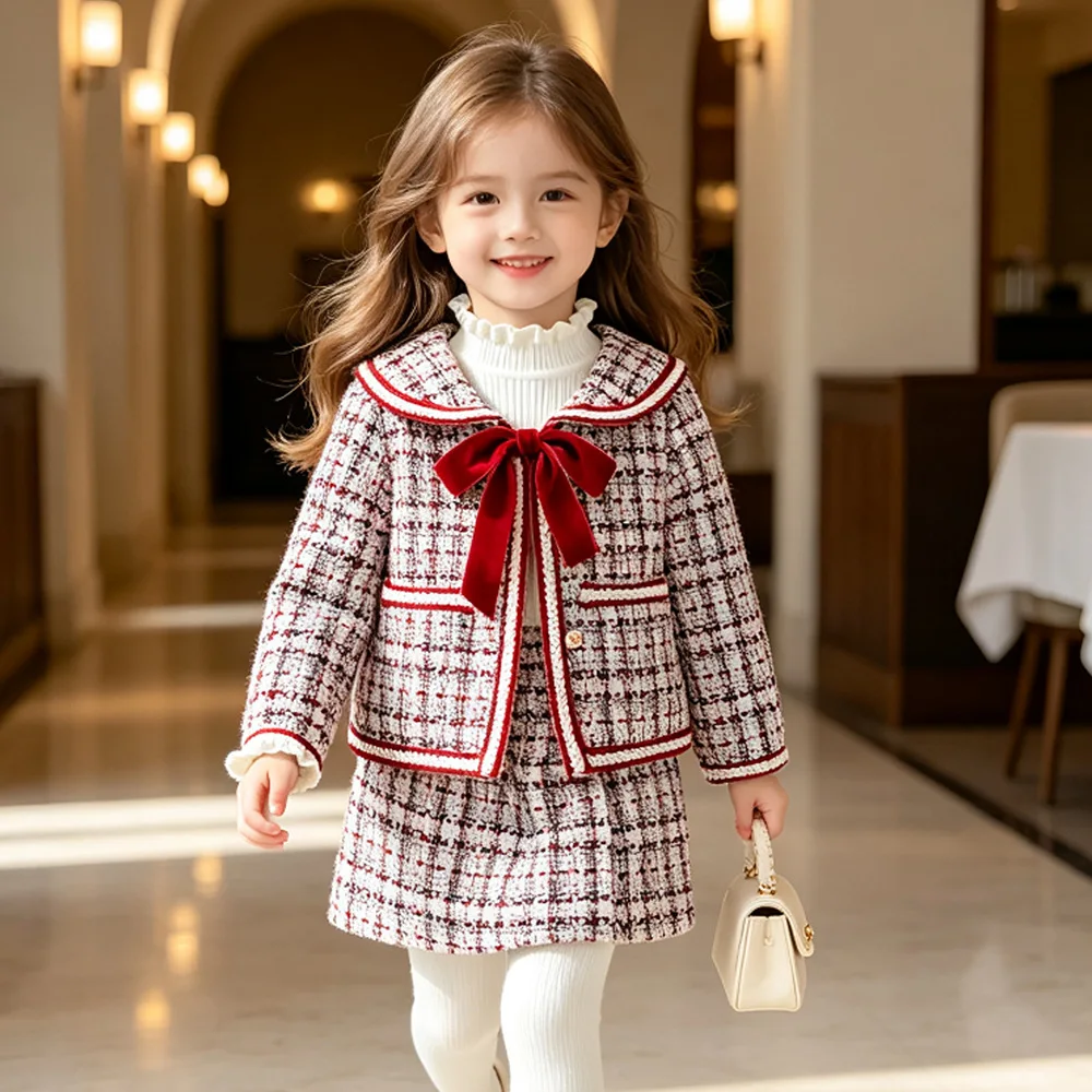 Girls Gentle Temperament Two-piece Sets Premium Feel Autumn New Kids Sailor Collar Bowknot Coat and Skirt Sets