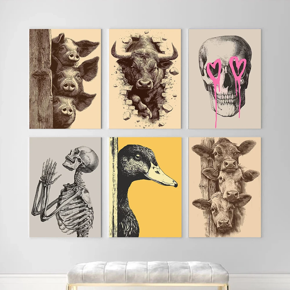 Three Pigs Peeking Over Posters Bull Breaking Through Wall Skeleton Praying Prints Canvas Painting Wall Pictures Home Room Decor