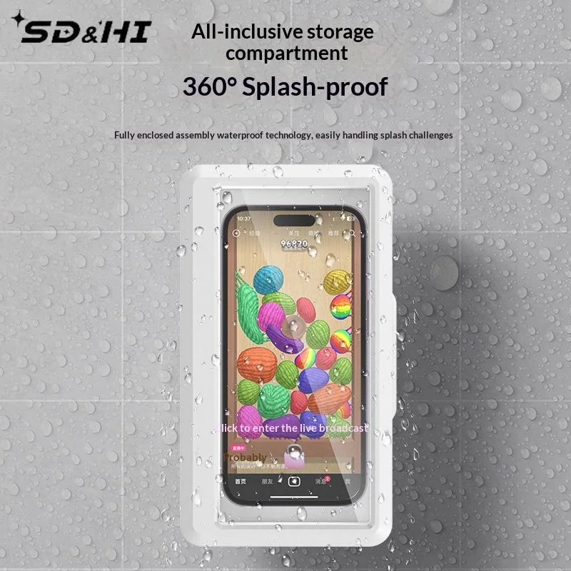 Support de téléphone étanche 360° °   Support mural rotatif pour téléphone portable, auto-adhésif, pour salle de bain et maison, avec écran tactile