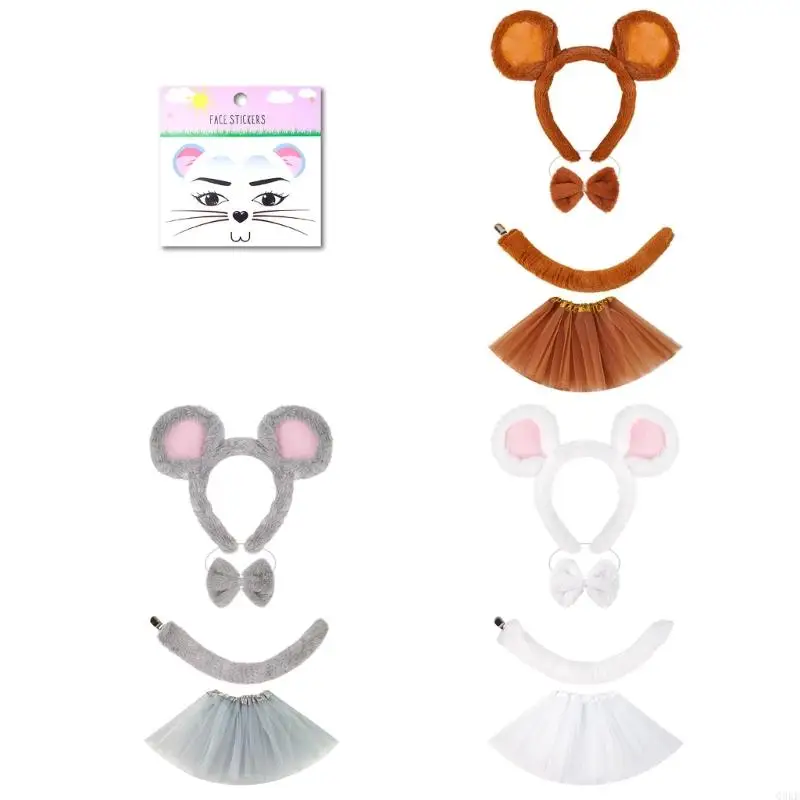 Q0KE 1/3/4Pcs Mouse Costume Accessory Set Mice Ears Headband Tail Tutu Skirt Bowtie for Kids Halloween Party Cosplay Costume