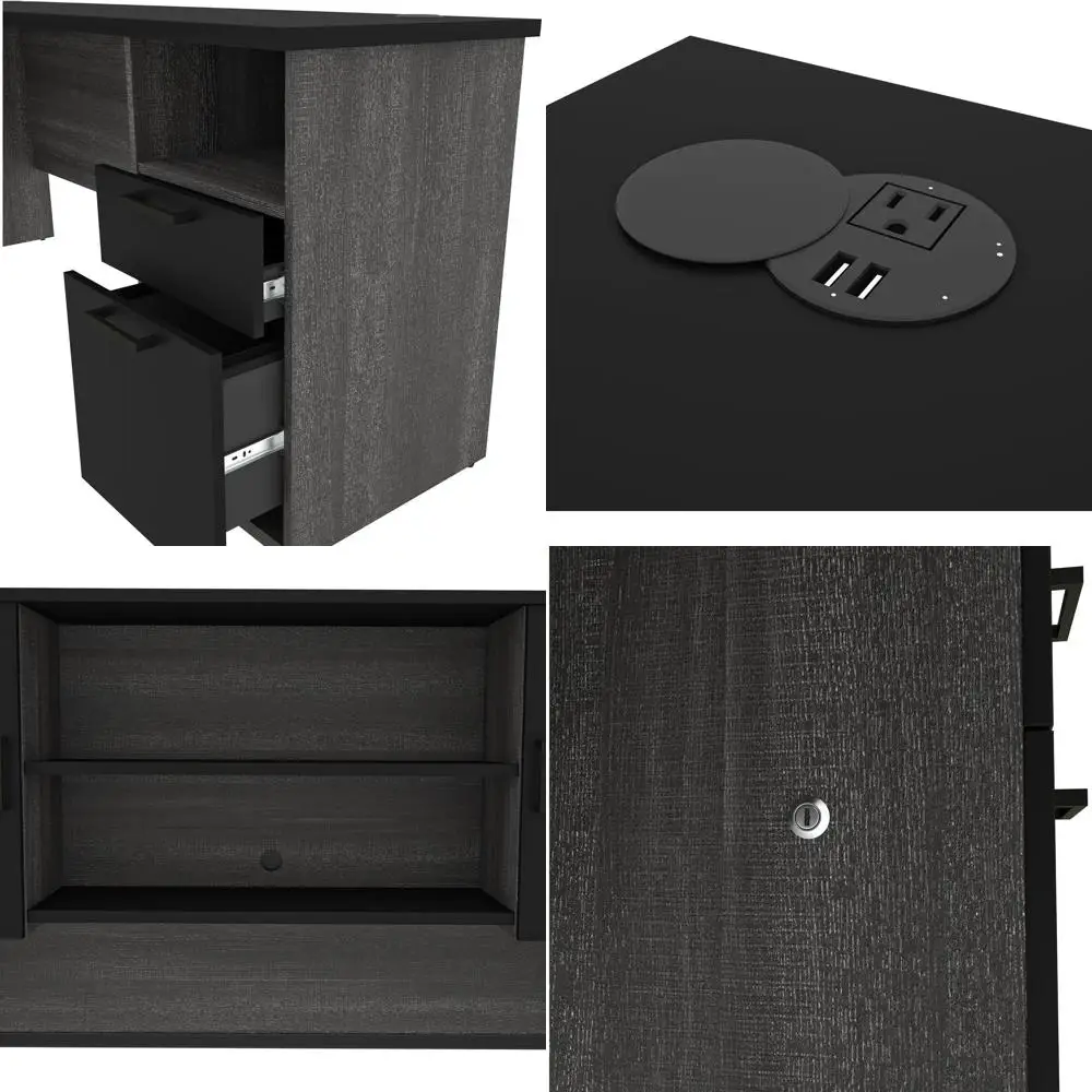 

Executive U-Shaped Desk with Hutch in Black and Bark Gray, 71W | Spacious Office Desk for Professional Home Workspace