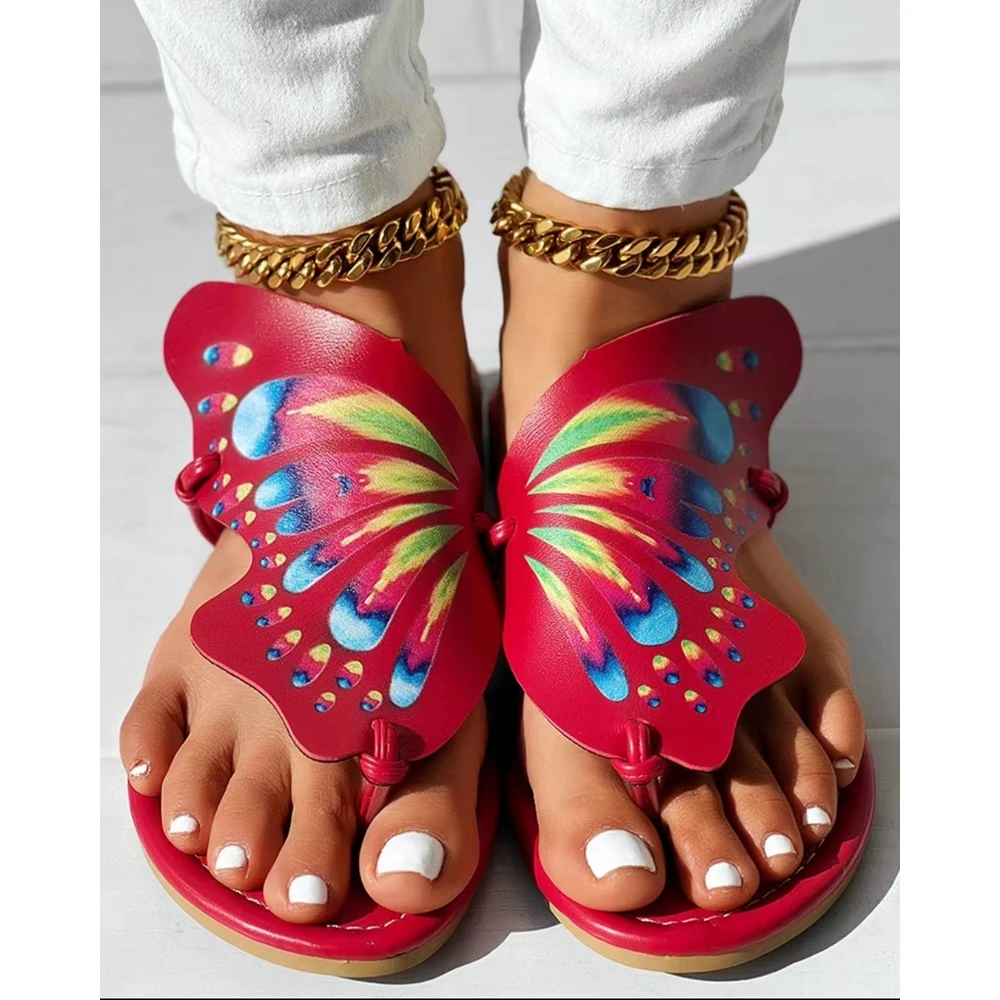 Women'S Colorblock Butterfly Print Beach Slippers Casual Design Outdoor Toe Post Sandals Shoes Going Out Summer Flip Flops