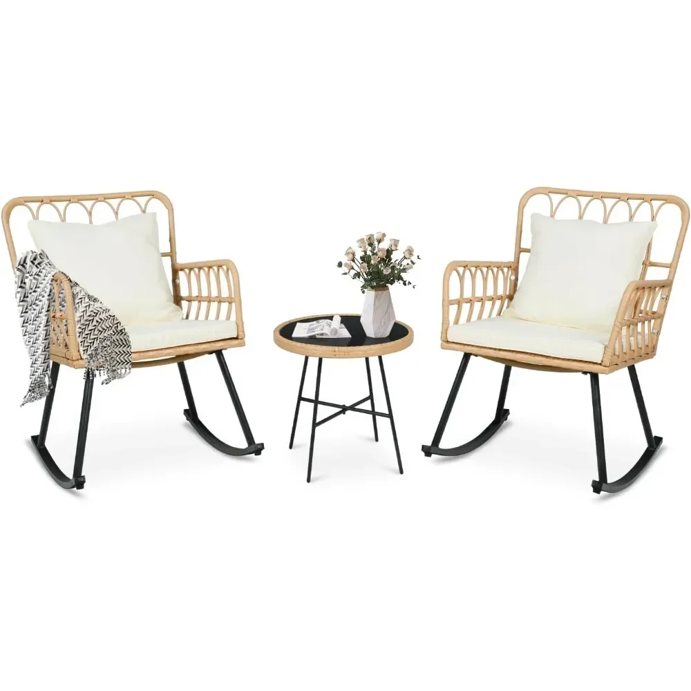 Patio Rocking Chairs Set of 2 - Widen Outdoor Wicker Rattan Rocking Chairs with Thickened Cushions, for Balcony Garden Porch