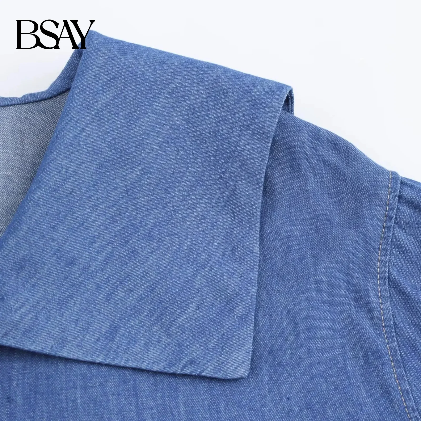 BSAY デニムシャツ女性のためのファッション秋冬新ソリッドカラー長袖シングルブレストラペルブラウスシックなレディーストップ