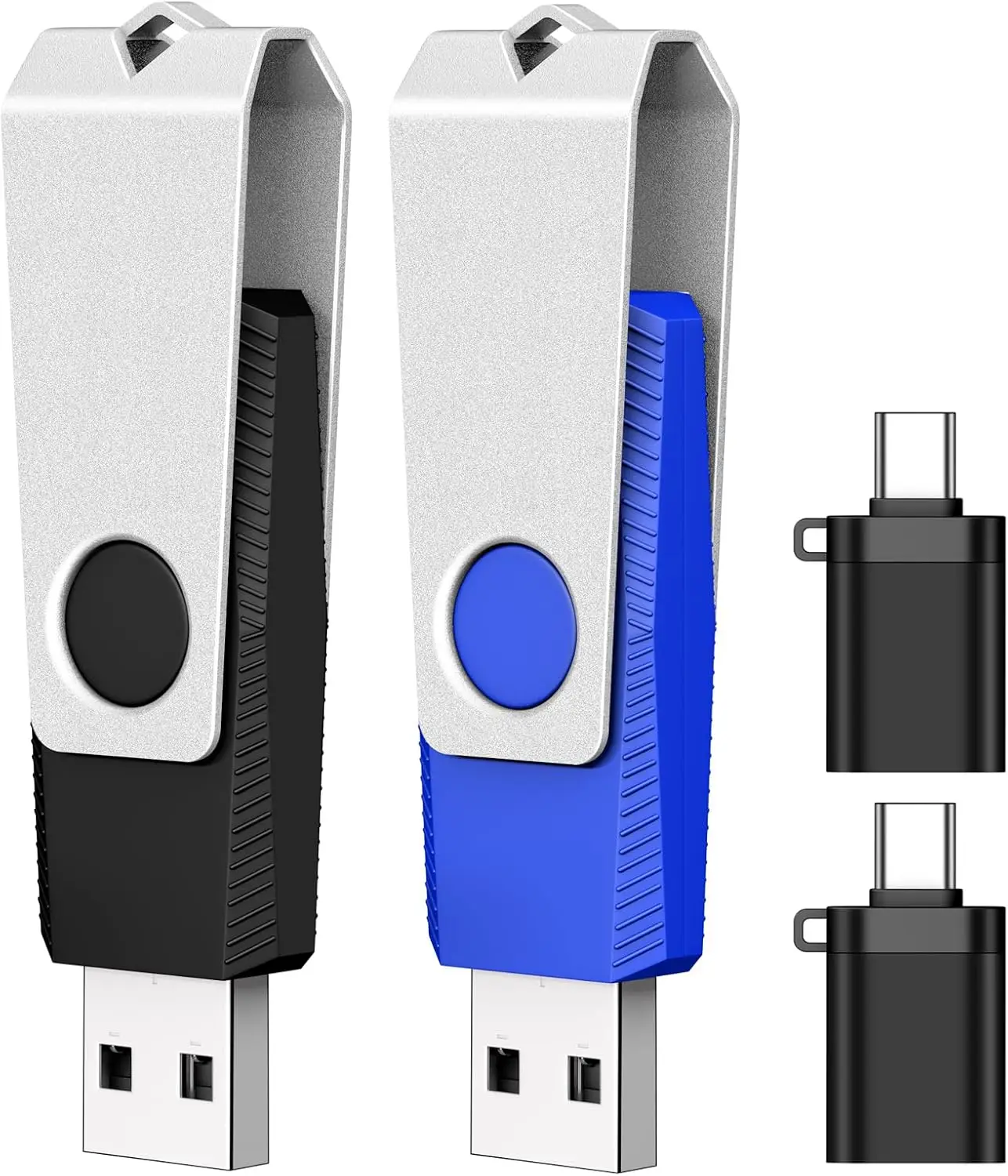 

32GB USB Flash Drive 2-Pack, FAT32 USB 2.0 Thumb Drives with 2x Type-C Adapters, Memory Stick for Storage Backup (Blue, Black)