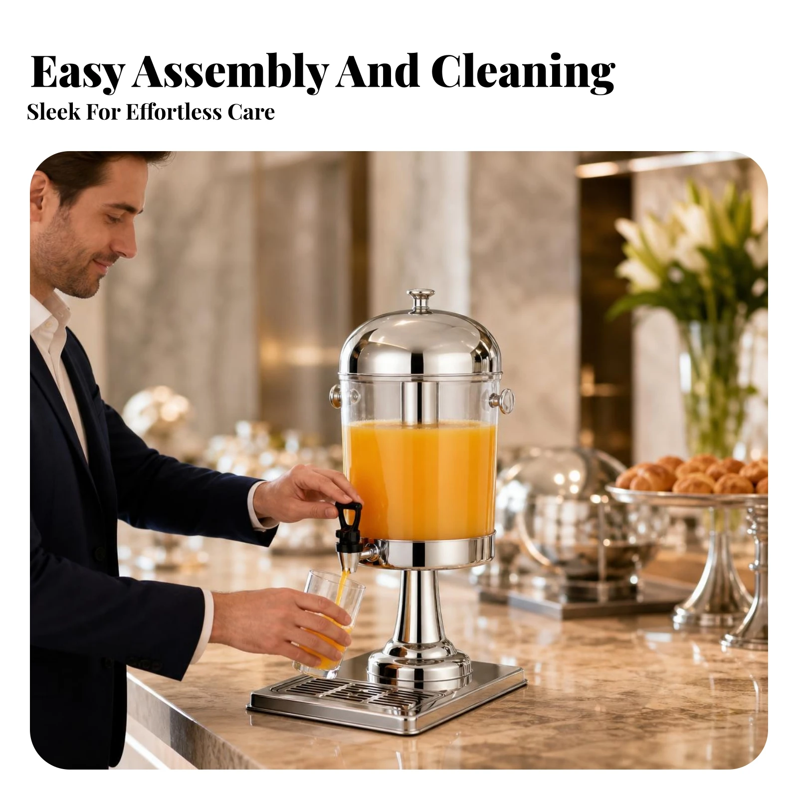 8 L Beverage Dispenser Slotted Drain Panels Pedestal Beverage Dispenser Polished Silver Finish Crystal Clear