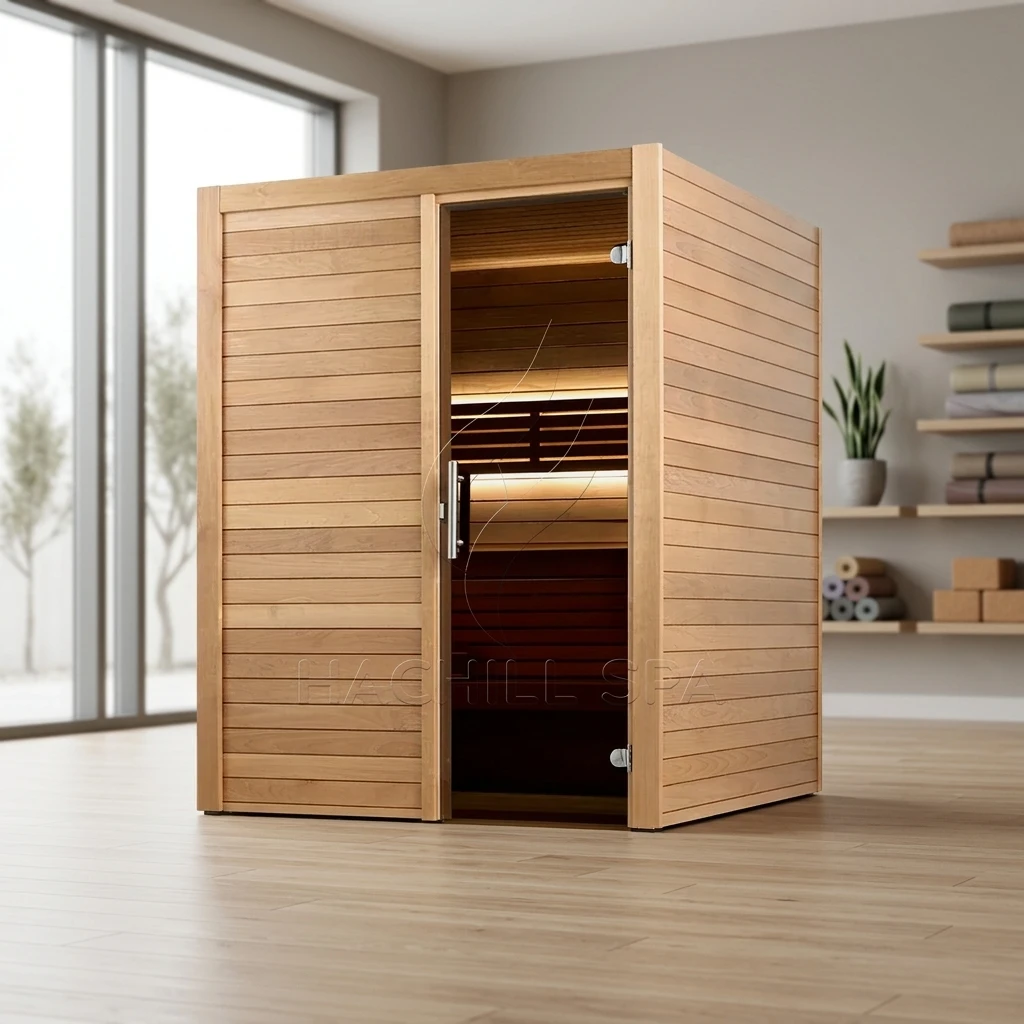 Yoga Wellness 2 Person Indoor Home Sauna Cabin Dual-Level Natural Hardwood Bench System With Integrated Backrest Support