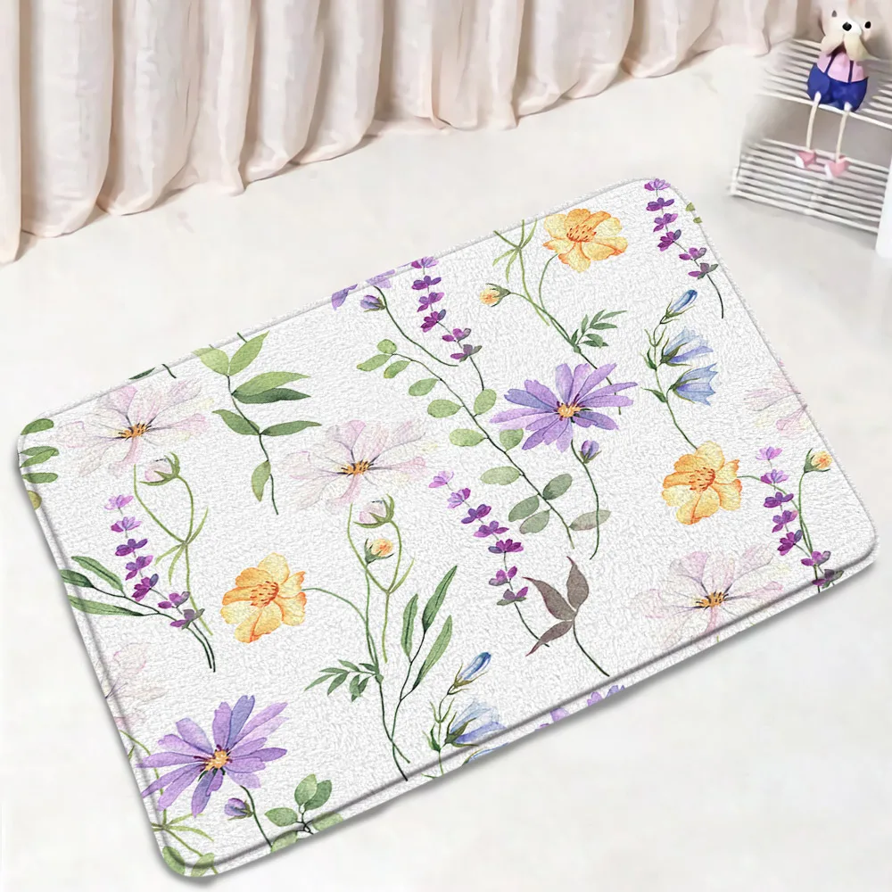 Flowers Bath Mat Watercolor Flower Plants Greenery Bathroom Decorations Modern Bathtub Rug Flannel Home Carpet