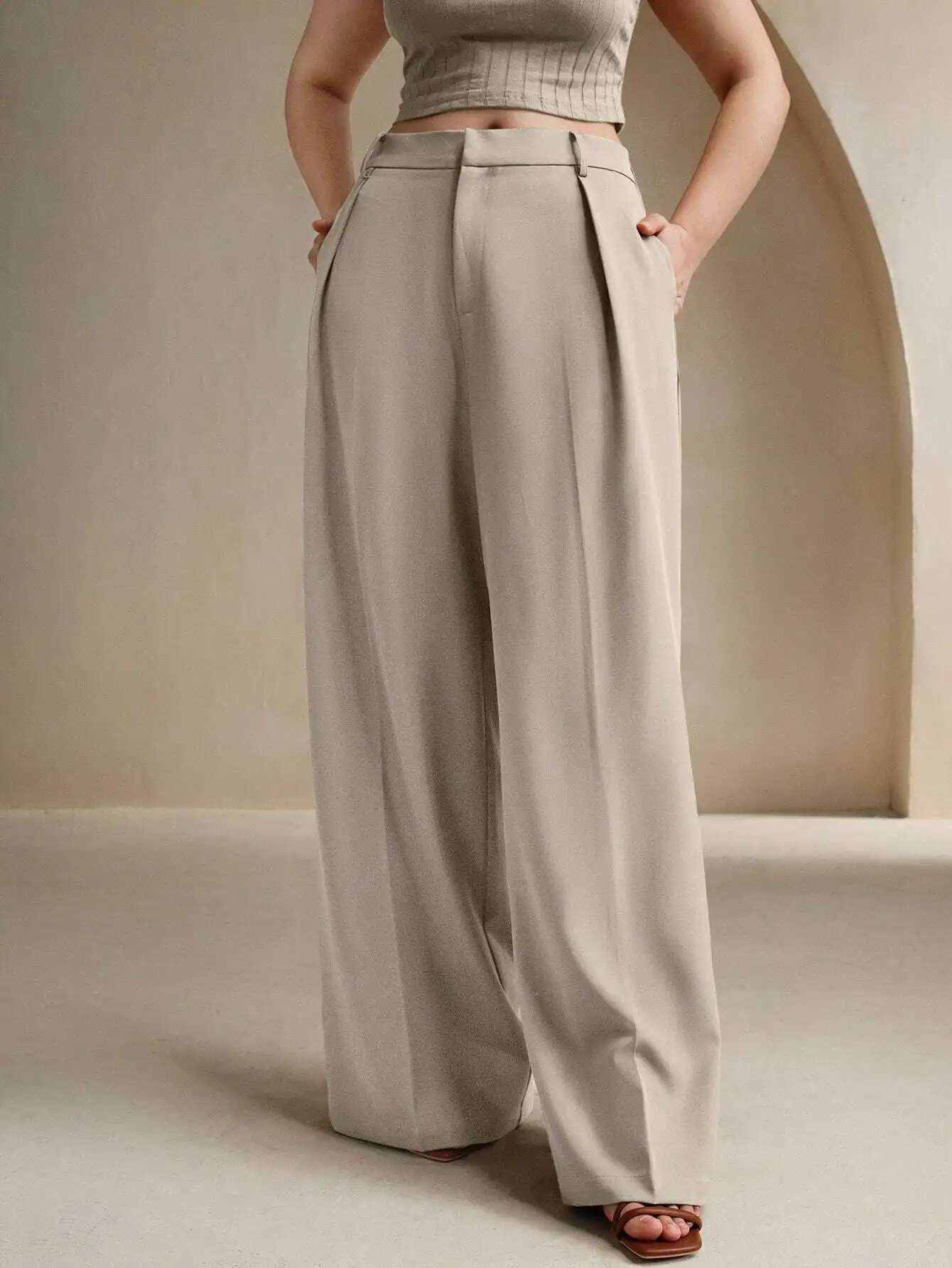 

Beige Wide Leg Pleated Trousers For Women Business Casual