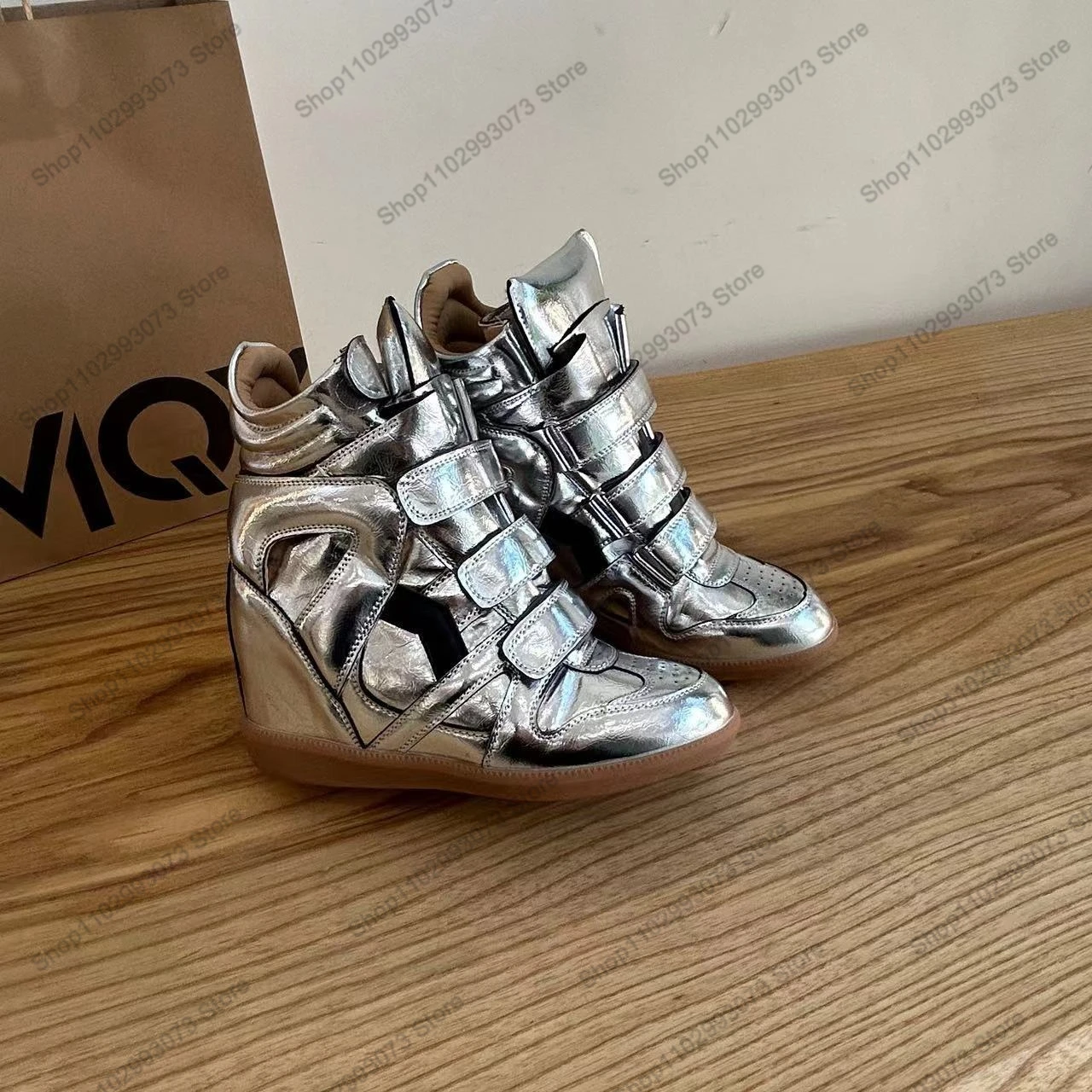 Fashion Women's Hidden Wedge Sneakers High Top Platform Shoes Hook and Loop Suede Patchwork Height Increasing Walking Casual Footwear image 3