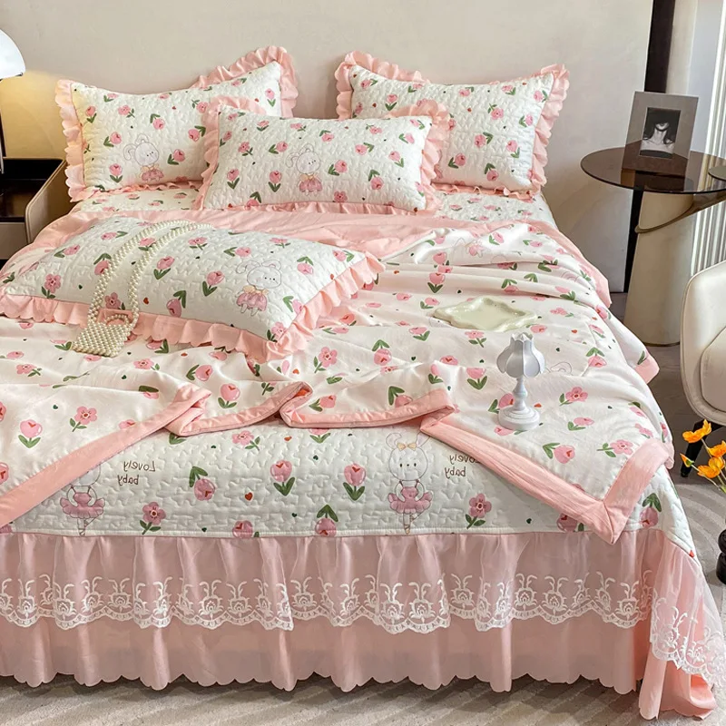 Class a Maternal Child Grade and Linen Bedspread Summer Quilt Four-Piece Set Korean Style Lace Fresh Bubble Cotton Th