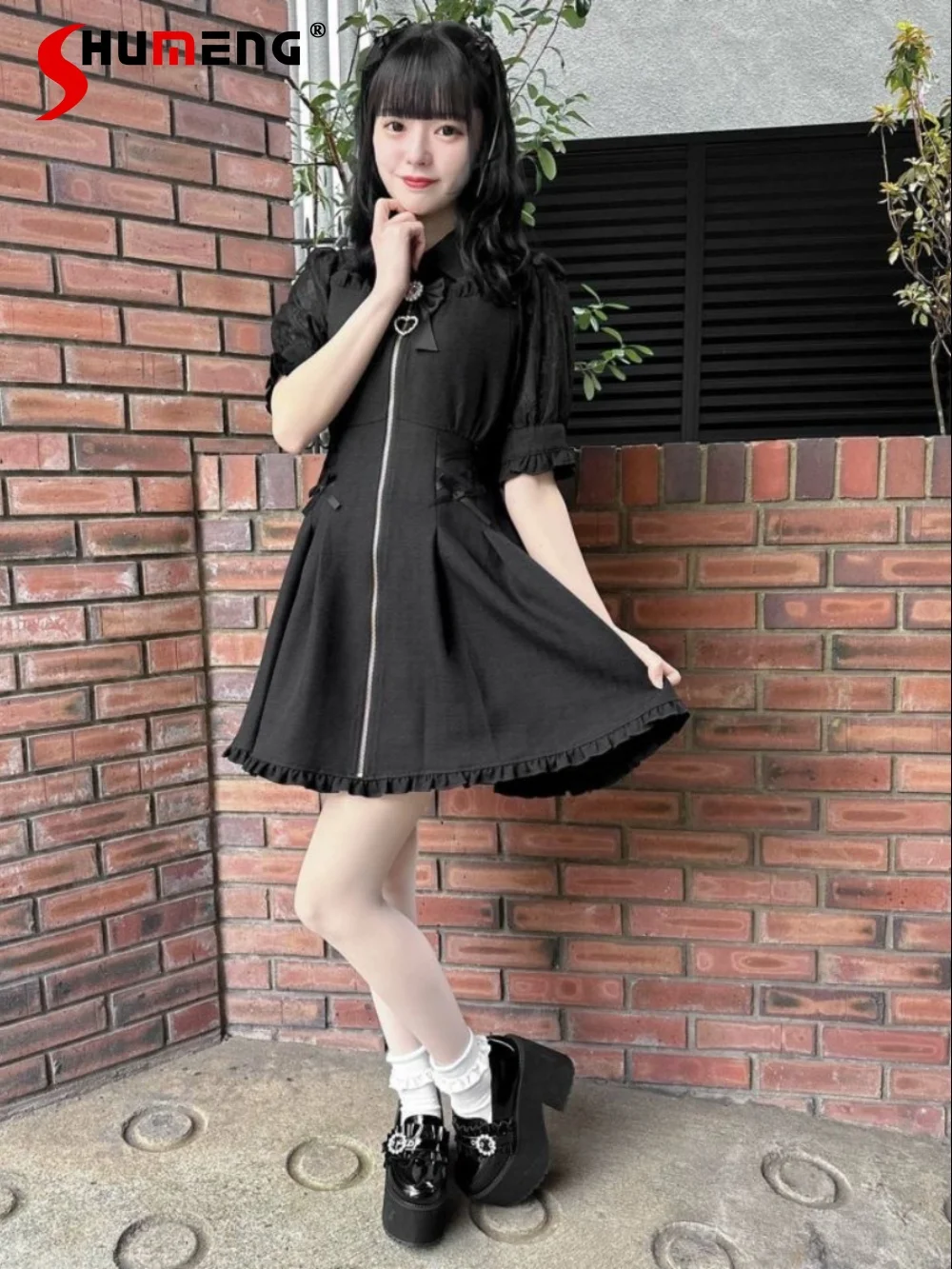 

Japanese Style Sweet Lolita Princess Dresses Lapel Bow Flared Short Sleeve Zipper High Waist Lace-up A-Line Short Dress Women