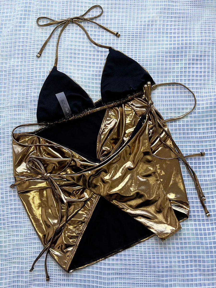 With Skirt PU Faux Leather Halter Micro Bikini Women Swimwear Female Swimsuit Three-pieces Bikini Set Shiny Bathing Suit Swim