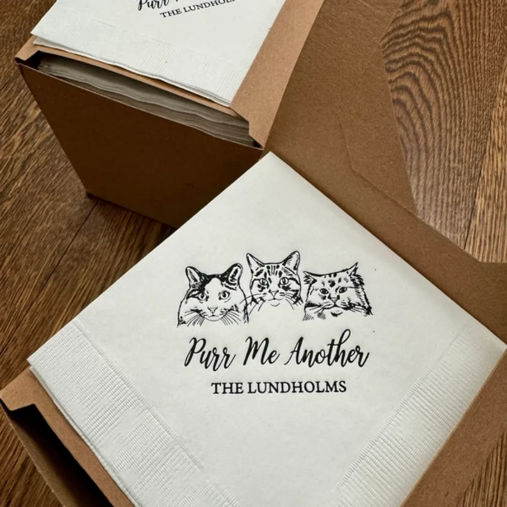 

50Pcs Custom Illustrated Cat Wedding Napkins, Bridal Shower, Engagement Party, Custom Bar Napkins, Custom Pet Wedding Napkins,