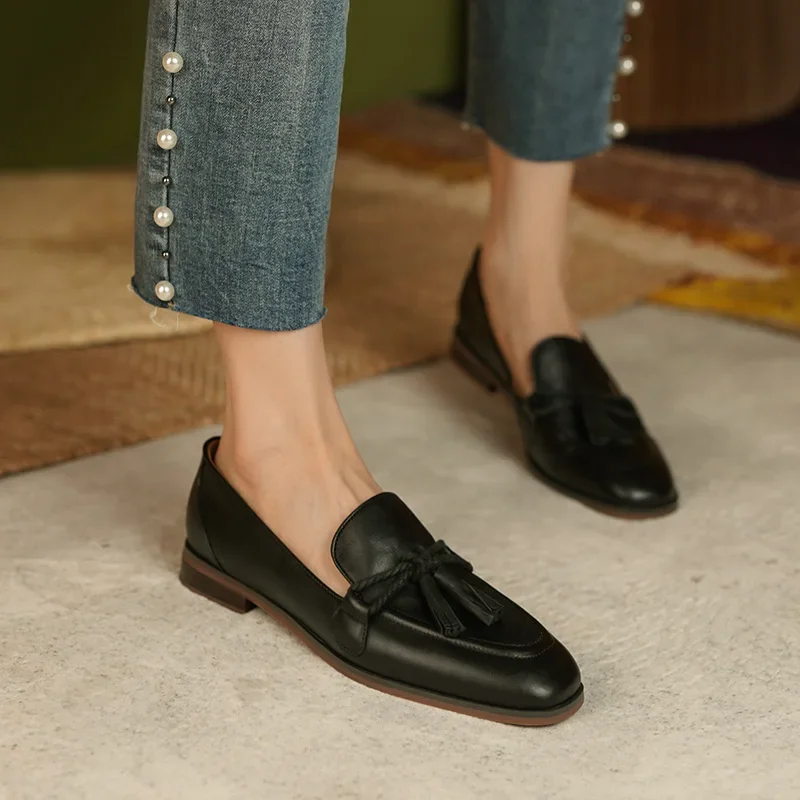 Ladies Leather Shoes Spring Simple Small Leather Shoes Female British Personality Tassel Single Shoe Soft Leather Women Shoes