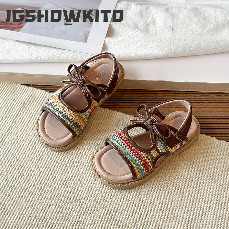 JGSHOWKITO Summer Children's Bow Flat Sandals Woven Strap Girls Beach Casual Shoes for School Breathable Kids Open-toe Sandals