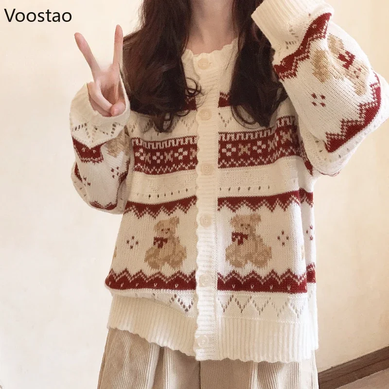 Vintage lolita malha cardigan outono feminino doce dos desenhos animados urso jacquard camisola casaco meninas japonês kawaii solto malhas topos
