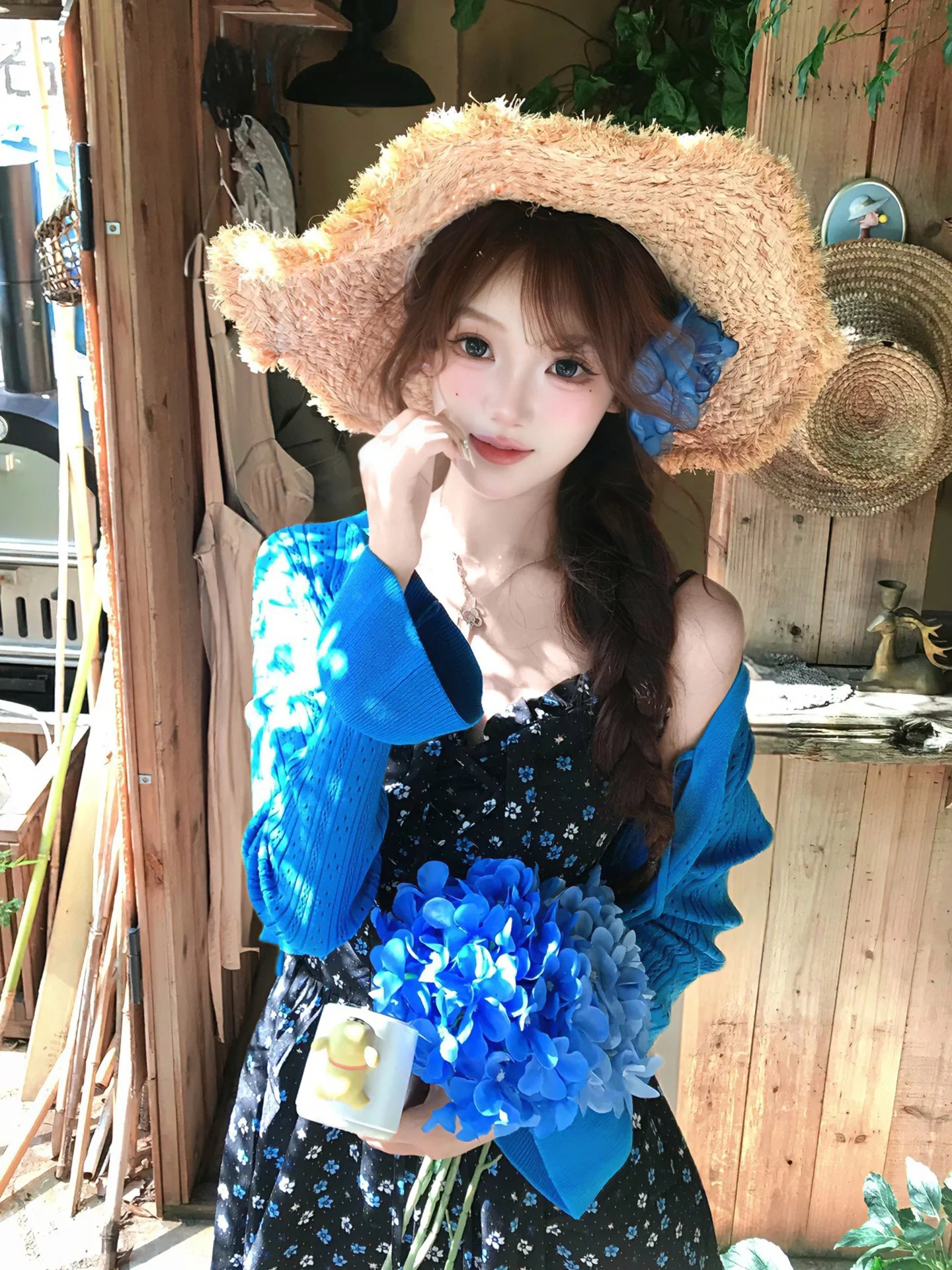 Early Autumn Blue Floral Trim Dress Slim Fit Two Piece Set Dopaamine Atmosphere Sensation Complete Outfit Short Open Cardigan