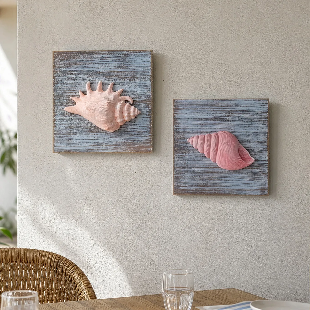 4Pcs/set 15x15cm Retro Mediterranean Wooden 3D Conch Shell Decorative Painting Wall Hanging, for Rural Homestay Home Wall Decor