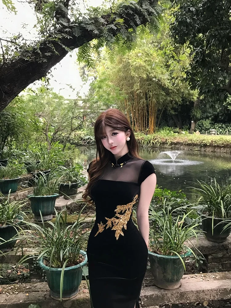 

Stazf7 Vintage Chinese Style Women's Summer Skirt with Mesh Splicing Stand Collar Wrap around Design Floor Length