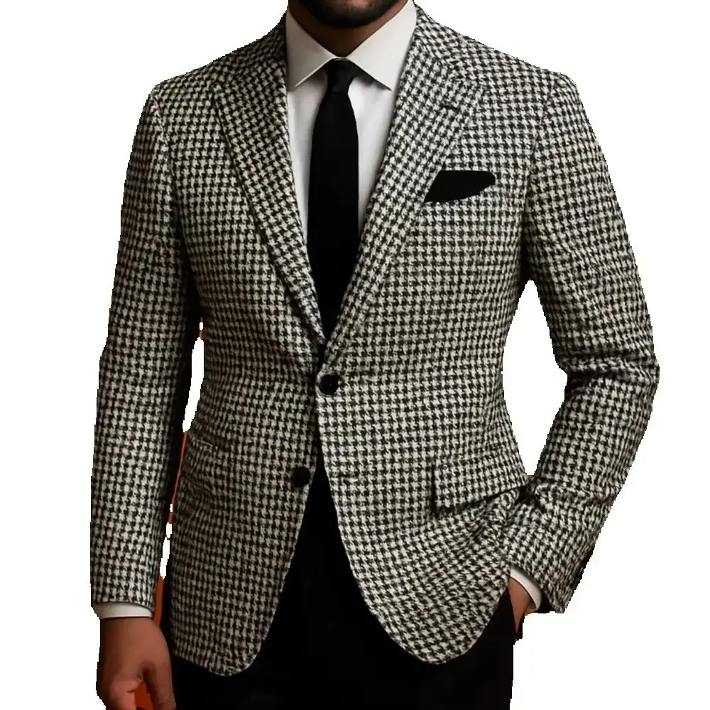 Luxury Men Black White Houndstooth Suit Single Breasted Blazer Casual Powerful Business 2Pic Jacket+Pants Set Winter Warm Outfi