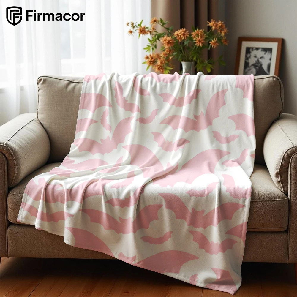 Light Pink Pastel Bat Silhouette Cartoon Anime Print Flannel Blanket Soft Warm Throw for Kids Bedroom Sofa Christmas Office Car