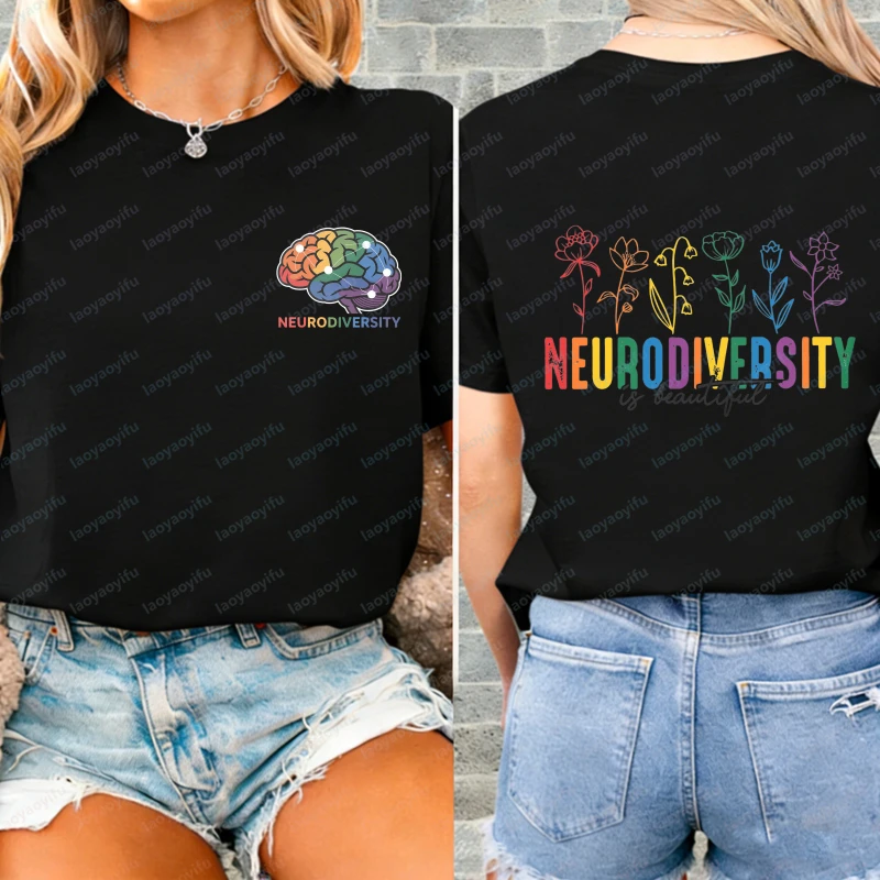 Neurodiversity Brain and Flowers Design Unisex Cotton T-Shirt Casual Summer Autism Awareness Fashion Tops Clothes for Women