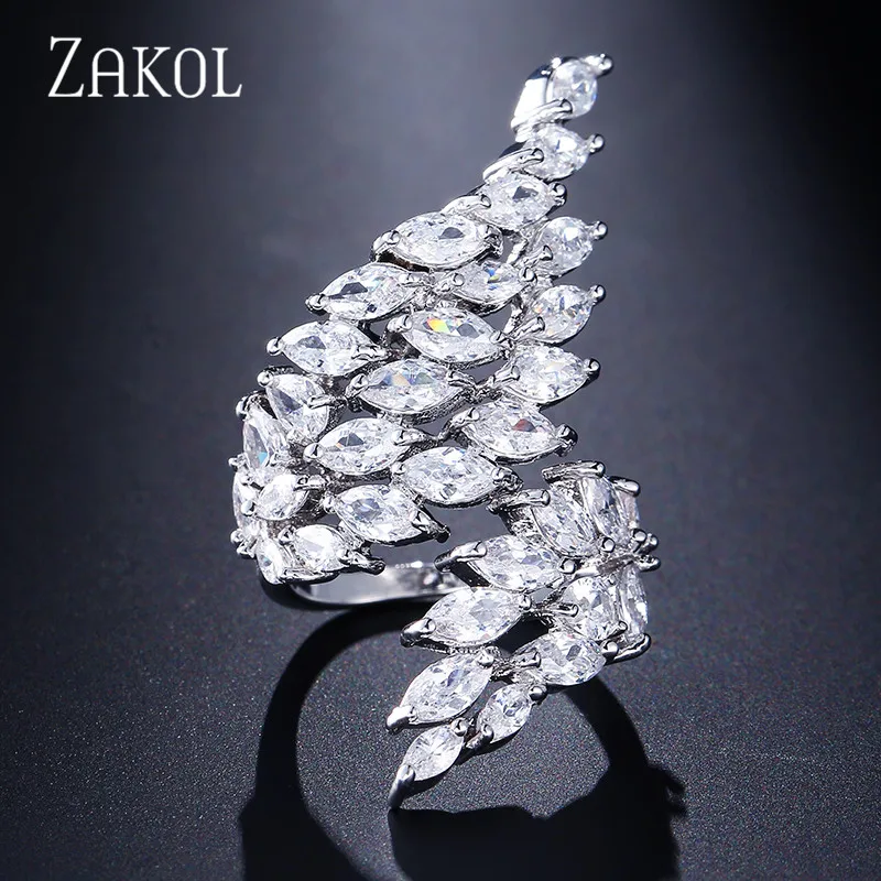 ZAKOL Fashion White Zirconia Leaf Open Rings for Girl Trendy Crystal Wing Finger Adjust Ring Party Women Jewelry