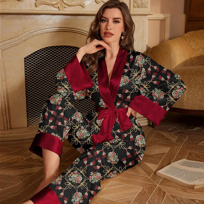 2024 Autumn New Female Pajamas Set Long Sleeve Trouser Pijamas Suit Loose Satin Printed Sleepwear Lounge Wear Casual Homewear