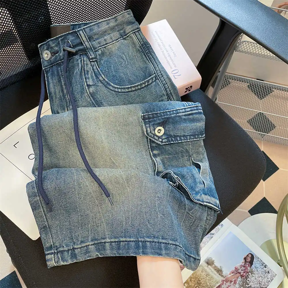 American Retro Multi Pocket Denim Shorts Summer High Waist Drawstring Loose Seven Inch knee Length Jeans Straight Wide Leg Pants