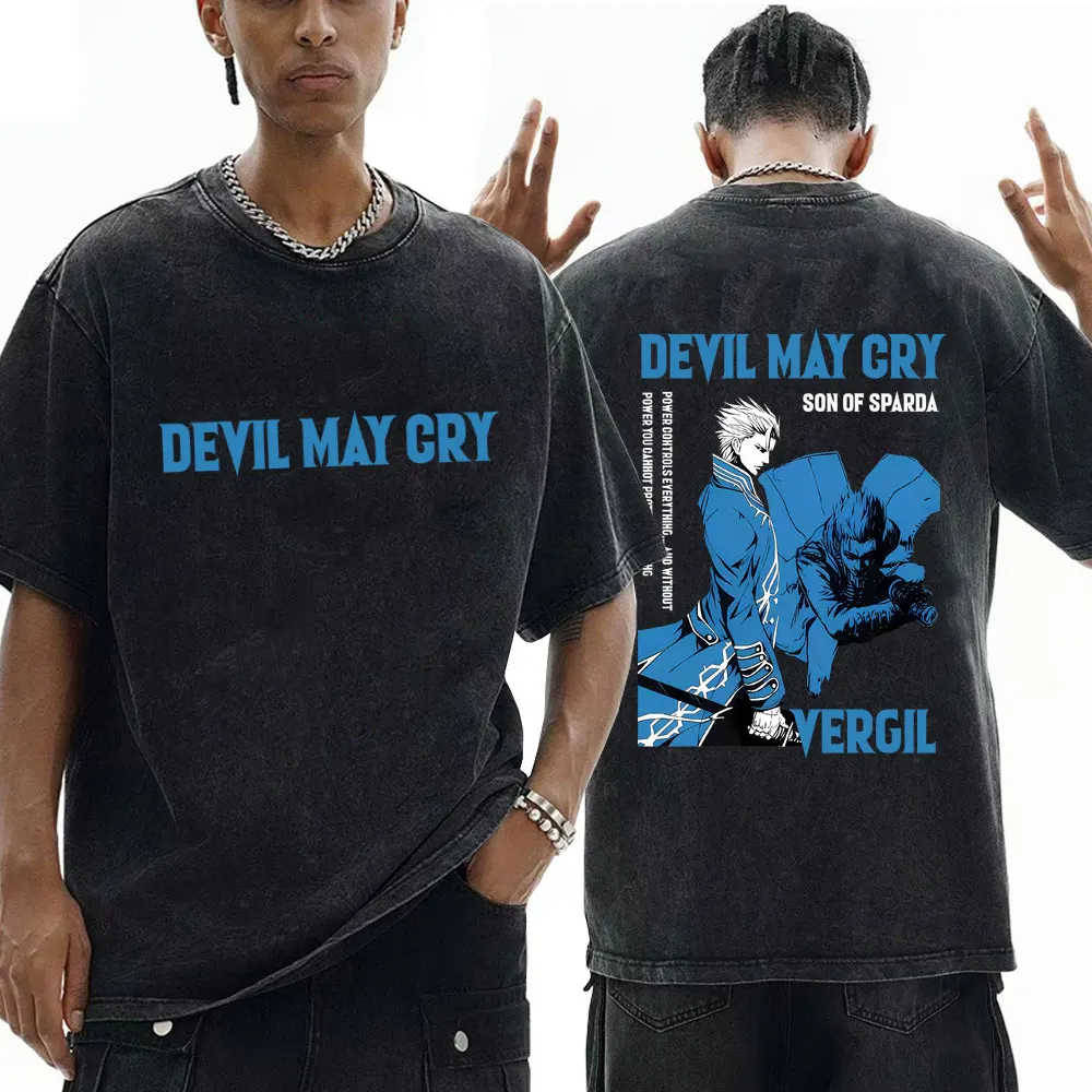 Anime Devil May Cry Son of Sparda Vergil Washed T-shirt Men's Women's Cartoon Oversized Vintage T Shirts Male Fashion Streetwear