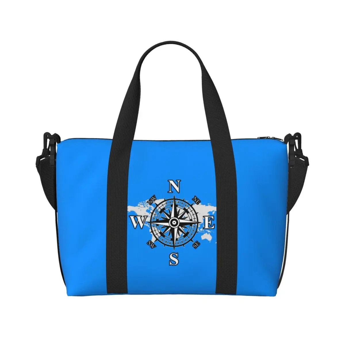 Custom Compass With World Map Tote Bag for Women Big Capacity Cardinal Points Of Earth Gym Beach Travel Bags