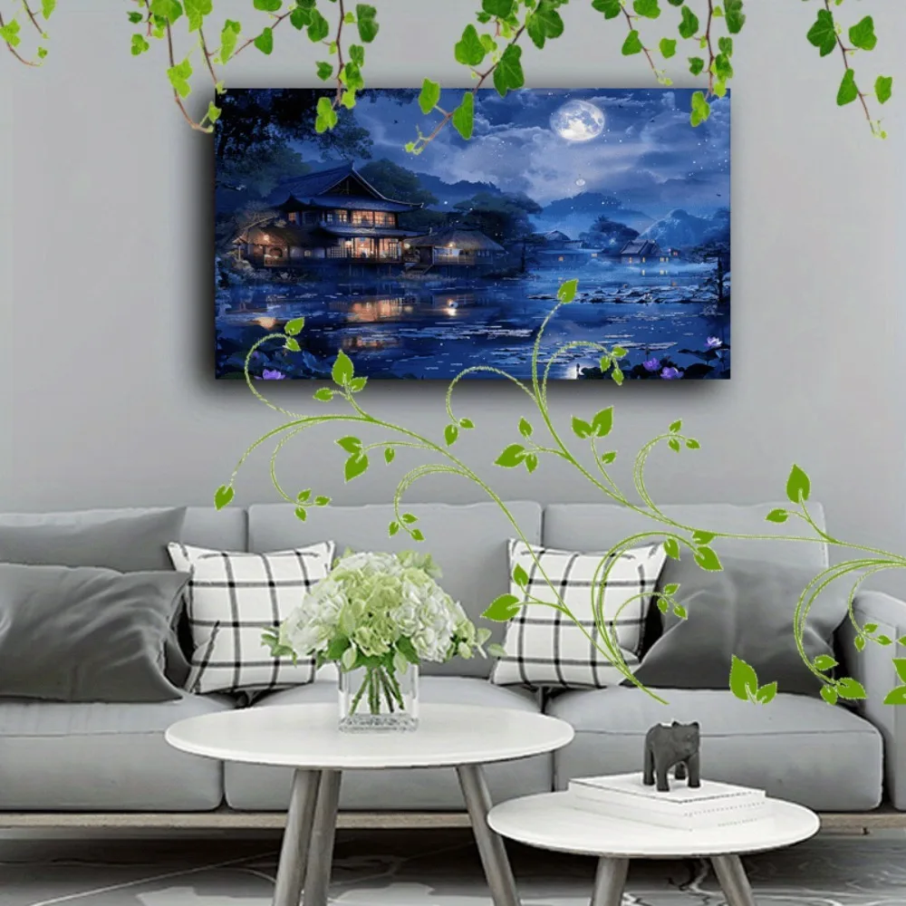 

1.5 inch thick pine frame, "Moonlight Night View of Traditional House in Lotus Pond", suitable for interior decoration