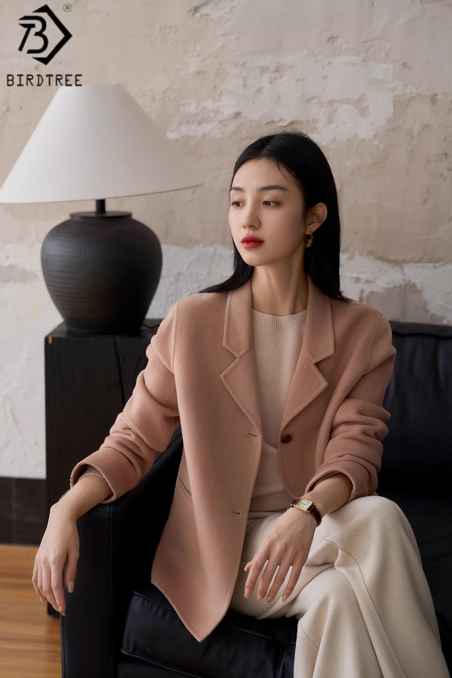 

BirdTree 92.1% Wool 7.9% Mulberry Silk Coat for Women,100 Strands Silk Wool Double-sided Fabric,Pink Jacket Overcoat T58927JF