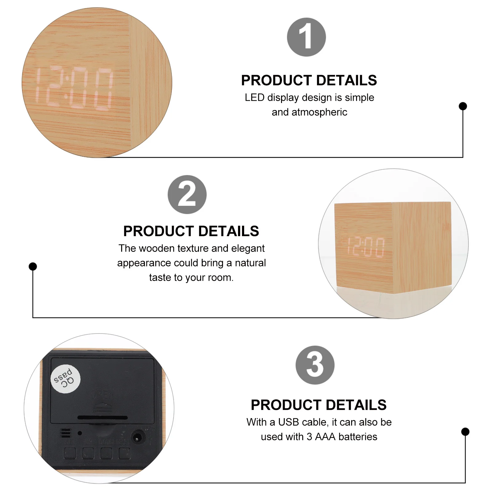 

1Pcs Electronic Alarm Clock Wooden LED Display Square Digital Temperature Desk Clock Bedside Brightness Adjustable