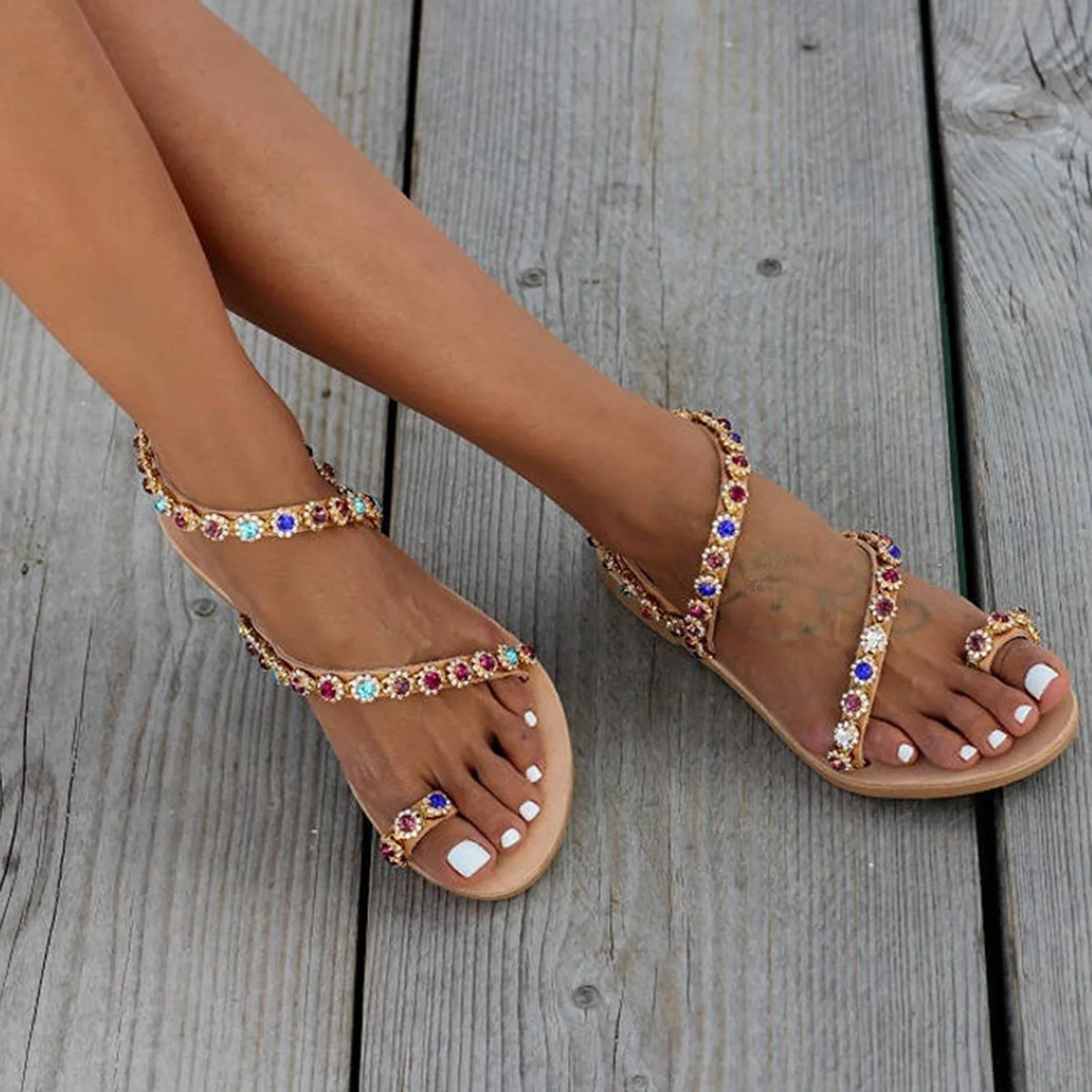 Bohemian Beaded Rhinestone Beach Sandals 2024 Summer Sexy Ankle Strap Flat Thong Sandal Women\'s Outdoor Beach Leisure Filp Flop