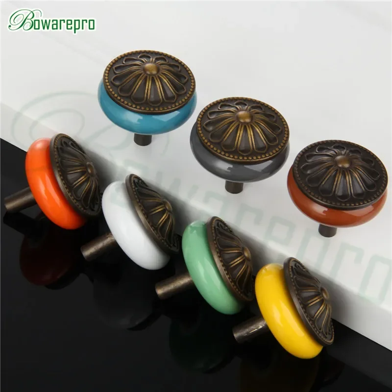 bowarepro Locker Vintage Ceramic Metal Retro Handle Pull Button Cabinet Door Cabinet Drawer Pull Handle Single Hole Furniture*1