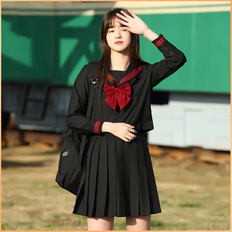 Japanese Sailor Outfit School Girl Cosplay JK Uniform Student Black Red Pleated Skirt Suits Sexy Seifuku Sailor Blouse Costume