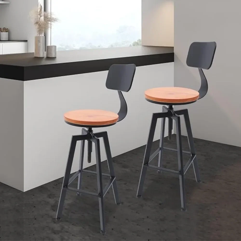 2 X Taburete De Bar De Madera Antigua Con Respaldo Giratorio, Madera Envejecida Ajustable En Altura, Altura Del Asiento 64-84 Cm