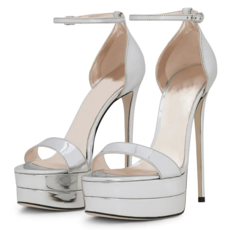 

SHOFOO Sexy women's high-heeled sandals. Silver leather sandals About 15cm heel height Summer women's shoes Fashion show banquet