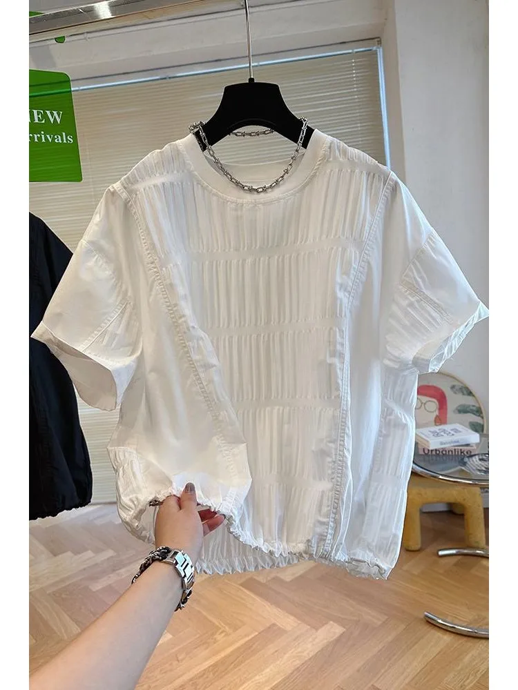نفخة الأكمام شيك طيات س الرقبة دمية قميص الكورية الحلو البلوز القمم الصيف بلوزات على الموضة الجديدة kamas De Mujer