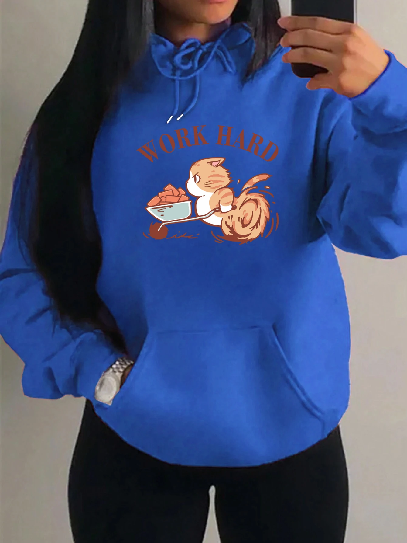 Work Hard Fighting Cat Cartoons Design Women Hoody Fashion Fleece Hoodie Autumn Y2K Pocket Pullover Multicolor Unisex Streetwear