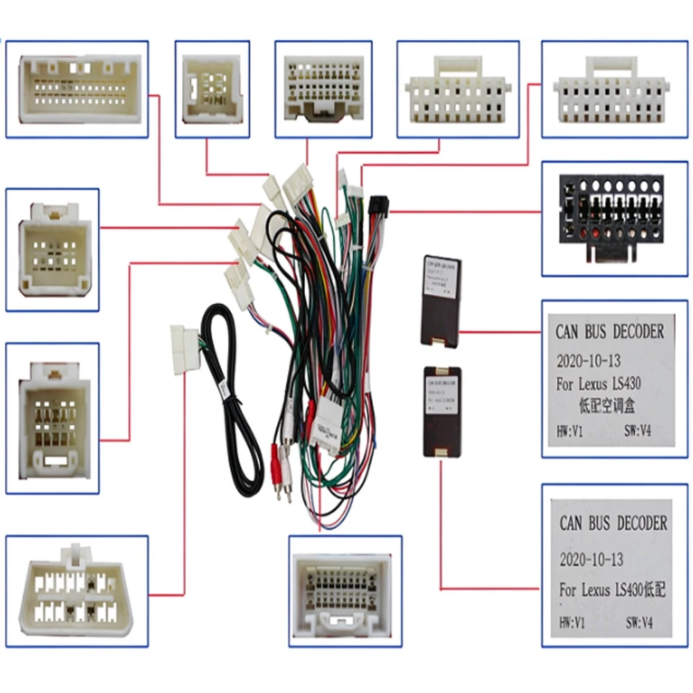 Car Wiring Harness Power Cable With CANBUS Decoder For Lexus LS430 Android Radio Stereo Adapter High Low Configuration