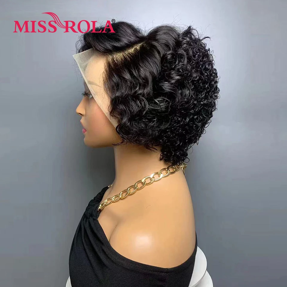 Miss Rola Wig keriting Brazilian13x4 kualitas 12A Wig rambut manusia depan renda potong Pixie rambut palsu Remy dengan renda HD 99J sorot hitam