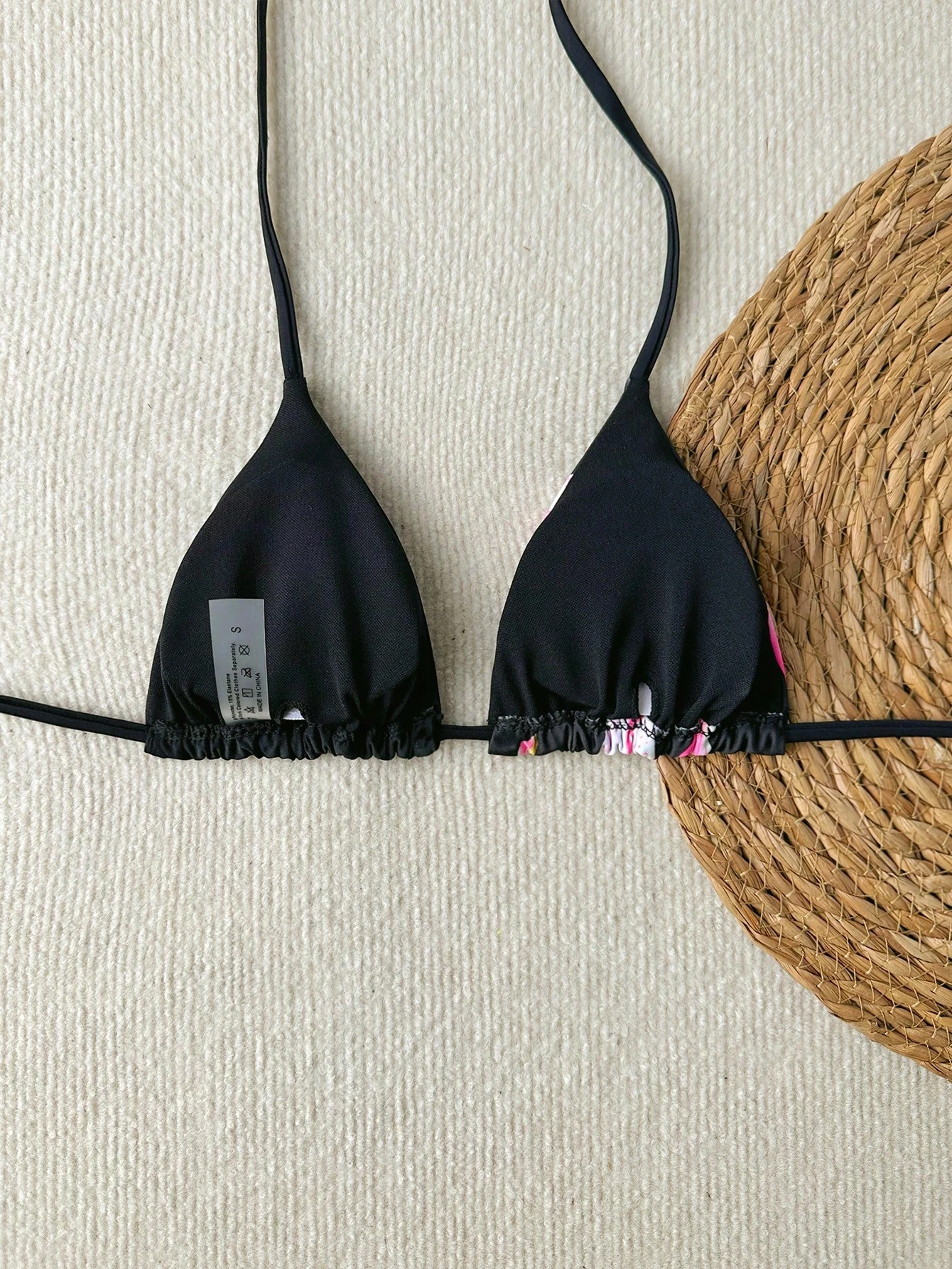 Women's Elegant High-Stretch Floral Bikini Top | Black with Pink & White Tropical Print, Adjustable Tie Straps