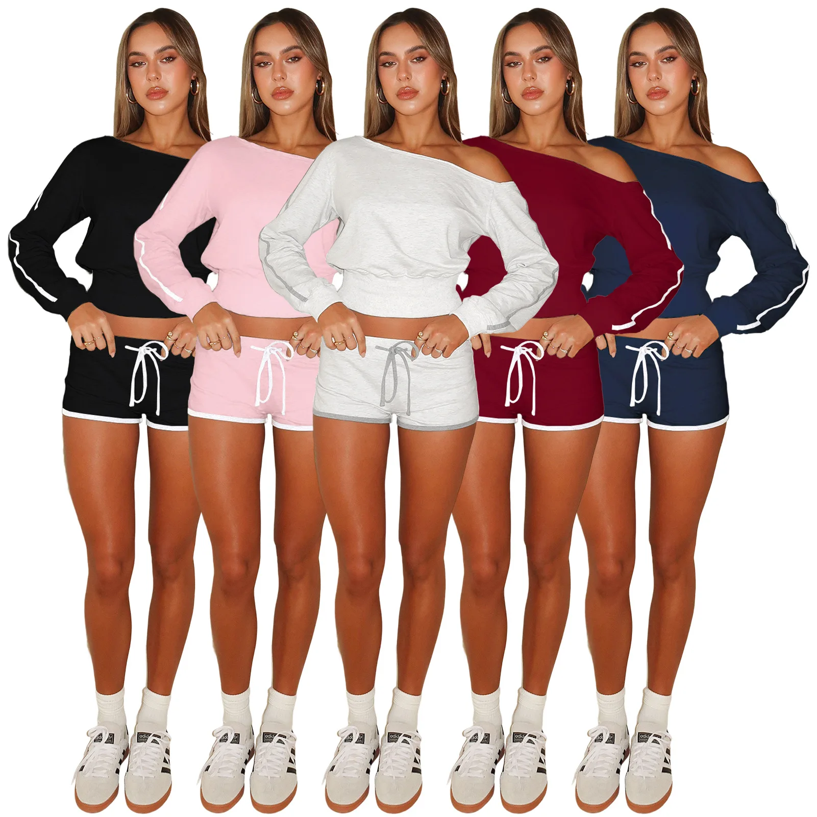 

Women Short Set Fall Sexy Off-The-Shoulder Long-Sleeved Crop Top And High Waist Short Casual 2 Piece Set Sportswear Jogging Suit