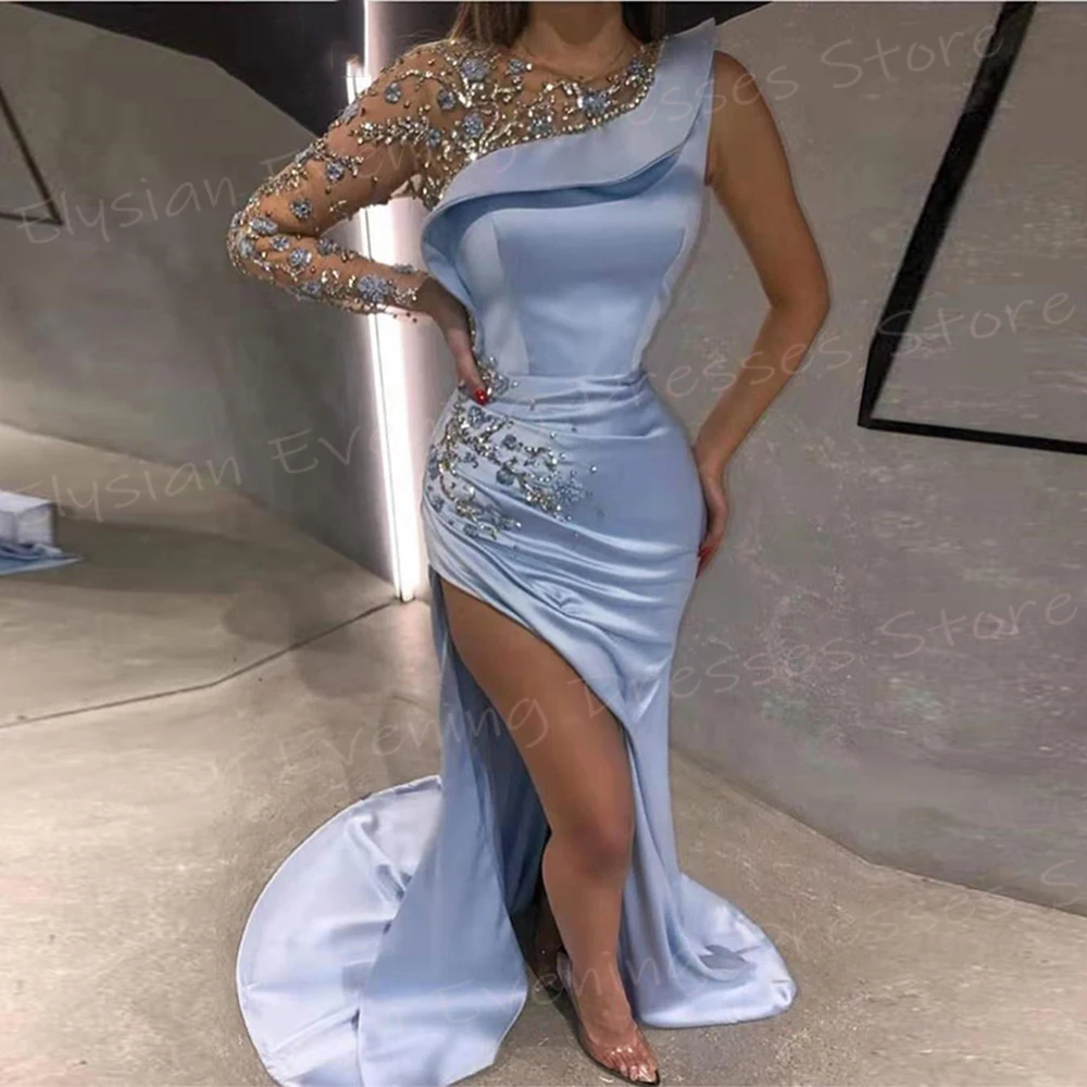 

Modern Blue Women's Mermaid Elegant Evening Dresses Charming One Shoulder Beaded Prom Gowns Sexy Split فساتين سهرة شارون سعيد