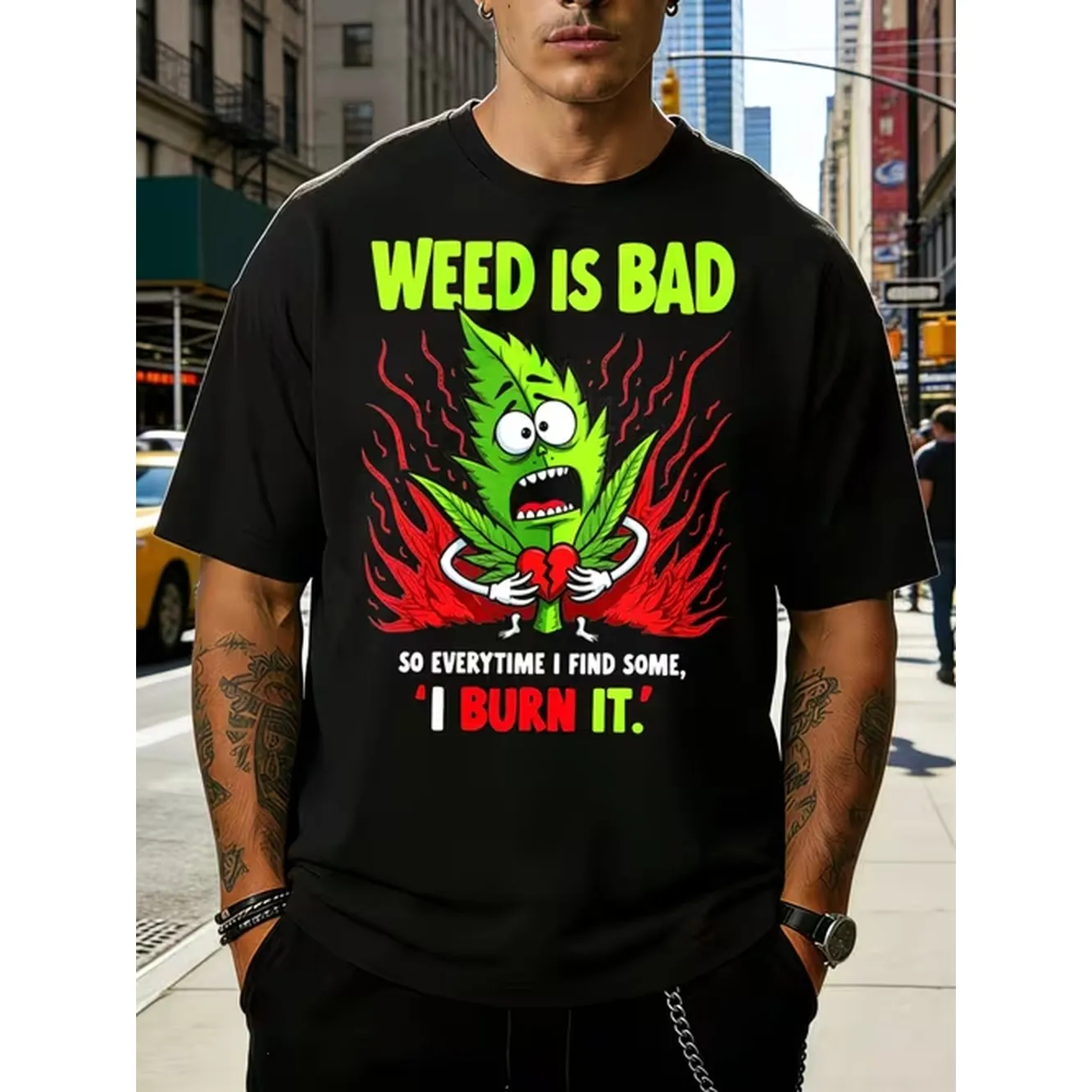 Cartoon Leaf With And Flames Mens Crewneck T Shirt Loose Fit 100 Percent Versatile Soft Comfortable Fabric Suitable For Daily Wear And Holiday Gifts Is Bad So I Find Some I Theme Summer Casual
