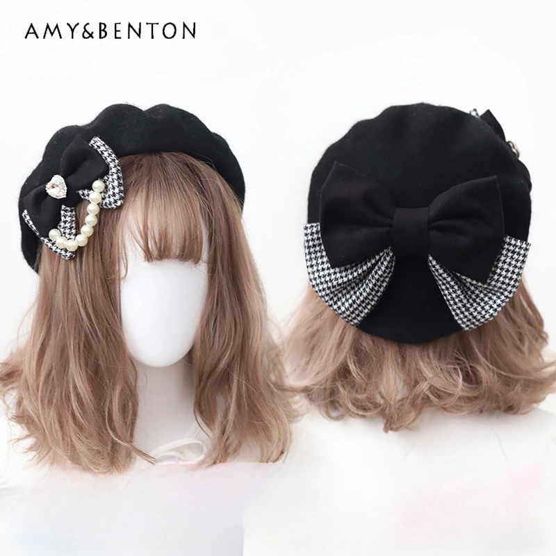 

French Retro Fairy Style Sweet Bowknot Pearl Pendant Beret Hat Hats for Women Winter Kawaii Big Bow Black All-Match Lolita Hat